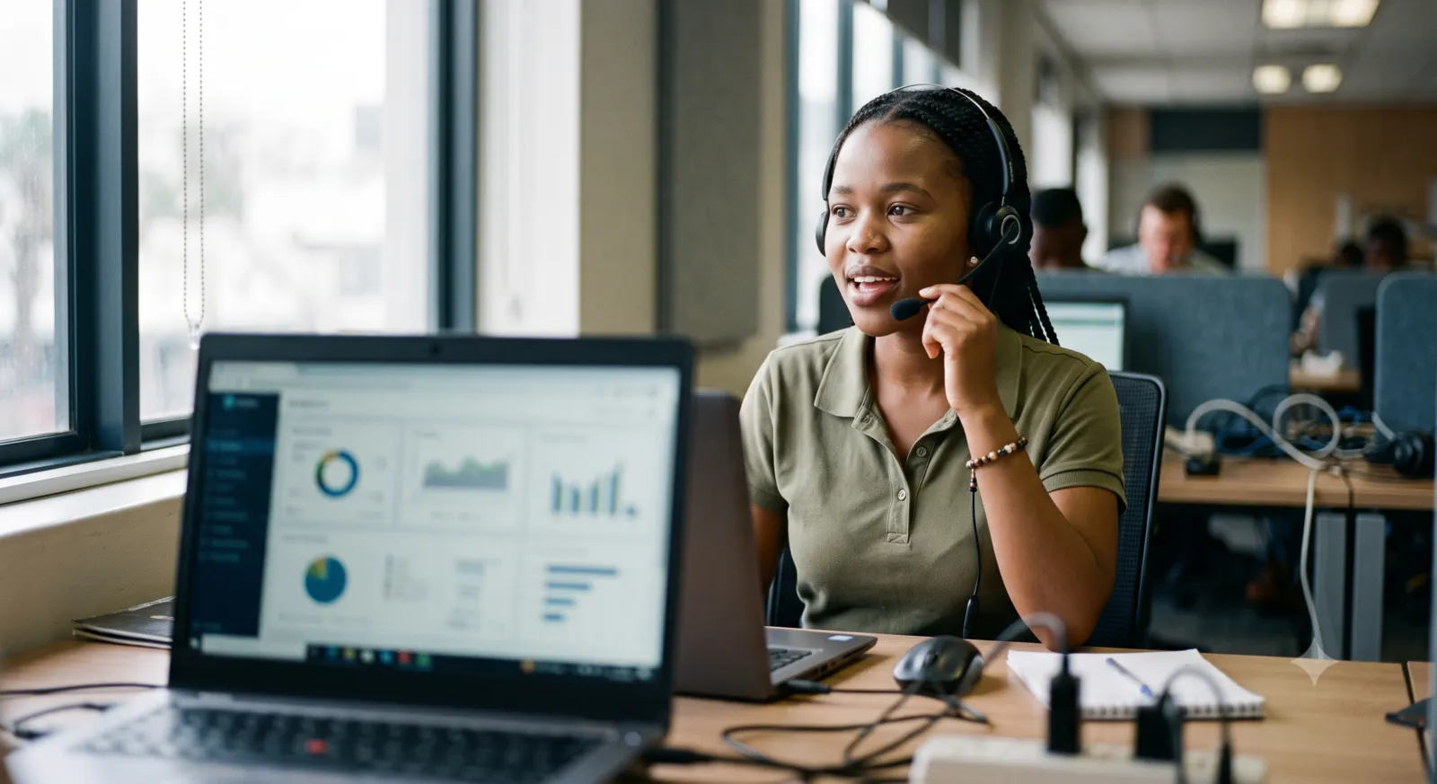 Contact centre agent on a call with a quality dashboard on her laptop