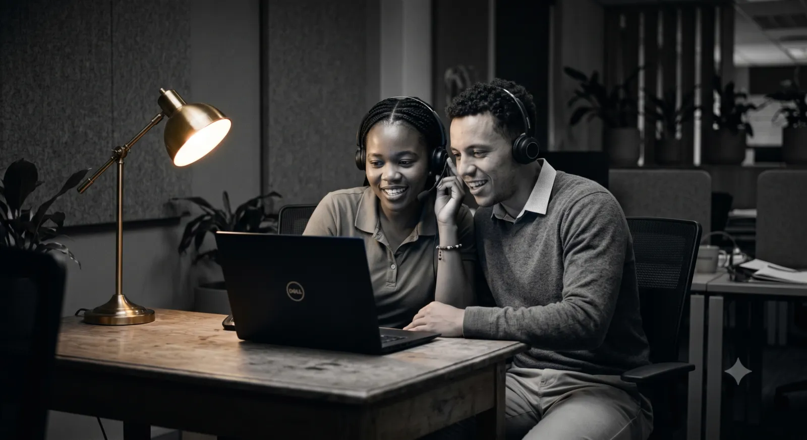 Team leader and agent reviewing a call recording together on a laptop