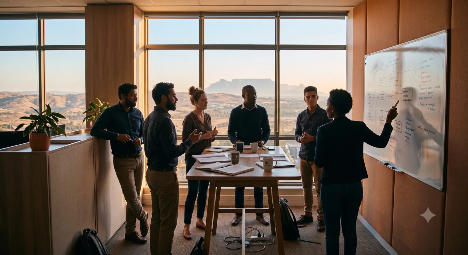 Team gathered around a whiteboard in a Cape Town office at golden hour